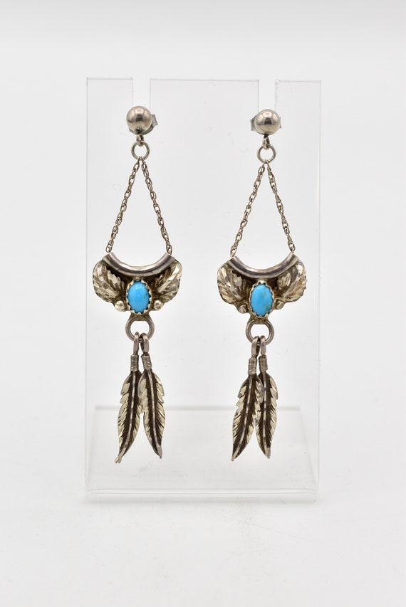 925 Turquoise Feather Earrings ~ Signed
