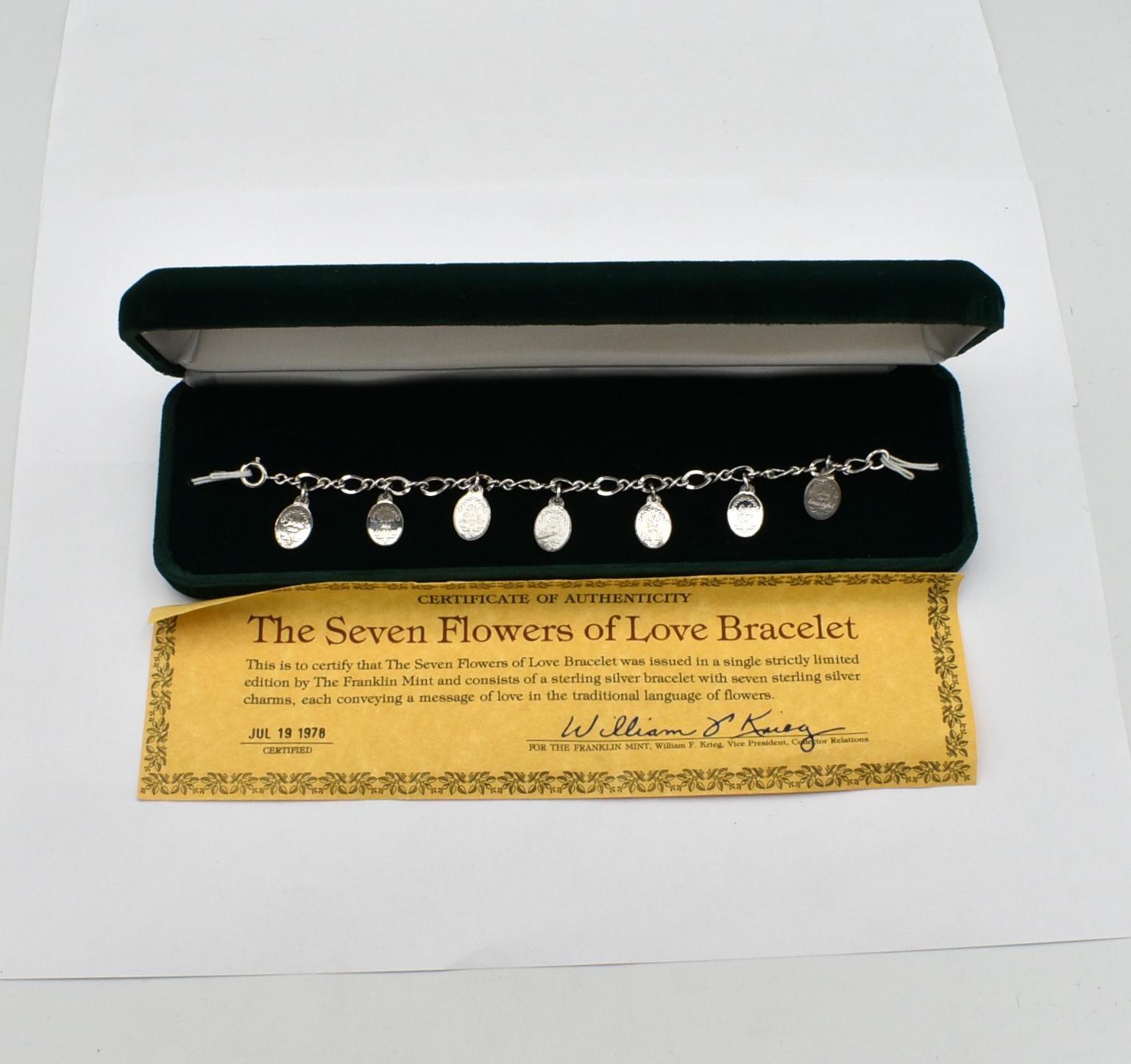 1978 Franklin Mint Seven Flowers of Love Bracelet ~ 6 1/2 Inches