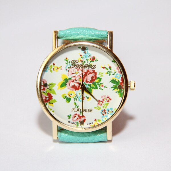 Turquoise watches with flowers, Wristwatch with flowers, Watch with roses, vintage clock flowers , floral watch, watches for women