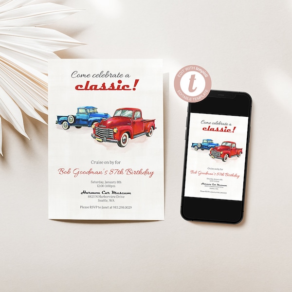 A Classic Car Birthday Party Invitation, Blue Truck, Red Truck, Adult Birthday Invite, DIY, Templett, Instant Download, Digital File