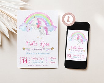 Unicorn Birthday Invitation, Glitter Unicorn Invitation, Magical Unicorn, Rainbow, Templett, Instant Download, Editable Digital File, WU1