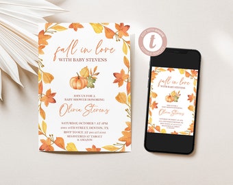 Fall in Love with Baby Shower Invitation, Fall Leaves Baby Shower, Pumpkin, Gender Neutral, Edit Yourself, Templett