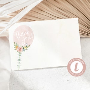 Watercolor Pink Floral Balloon Baby Shower Thank You Card, Oh Baby, It&#39;s a Girl, Greenery Baby Shower Invite, Printable