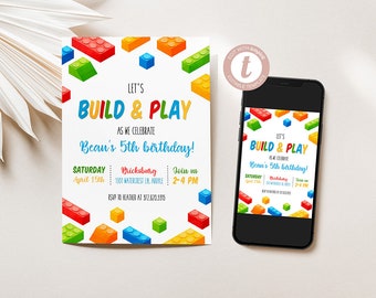 Watercolor Building Blocks Birthday Party Invitation, Build and Play Kids Birthday Invitation, Colorful Building Bricks, Editable Invitation