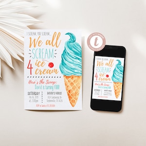 Ice Cream Birthday Invitation, Boy, We All Scream for Ice Cream, Ice Cream Party, Ice Cream Social, Templett, Instant Download, Digital