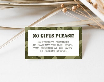 Editable Army Training Birthday No Gifts Please Insert, Kids Birthday, No Gifts Invitation Insert, Military Birthday, Printable, Templett