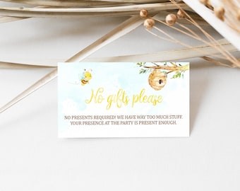 Bee-day Birthday No Gifts Please Insert, Kids Birthday, No Gifts Invitation Insert, Honey Bee Birthday, Printable, Templett