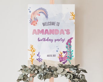 Axolotl Fun Birthday Welcome Sign, Girls Birthday, Printable Welcome Sign, Templett, 18x24, 16x20