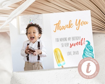 Ice Cream Birthday Thank You Card, We All Scream FOUR Ice Cream Birthday, Thank You Card, Ice Cream Social, Boy, Templett, Instant Download