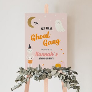 ピンクのハロウィン誕生日パーティーのウェルカムサイン、グールギャングをテーマにしたパーティー、印刷可能なウェルカムサイン、16x20、18x24、テンプレート、自分で編集