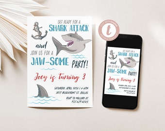 Shark Birthday Invitation Boy, Editable Shark Invite, Jawsome Birthday Party Invitation for Boy, Templett, Digital