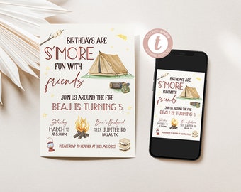 Camping Birthday Party Invitation, Birthdays are S'more Fun, Camping Party, Outdoor Birthday Party, Digital Invitations, Edit Yourself