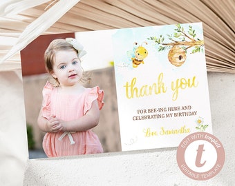 Bee-day Birthday Thank You Card, Honey Bee Thank You Card, Girl, Digital, Templett, Instant Download