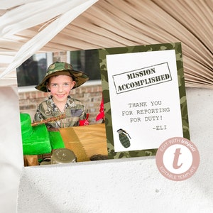 Army Training Birthday Party Thank You Card with Photo, Kids Birthday Thank You, Digital, Templett