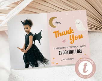 Pink Halloween Birthday Party Thank You Card, Ghoul Gang Birthday, Fall Party, Spooktacular, Photo Thank You, Edit Yourself, DIY, Templett
