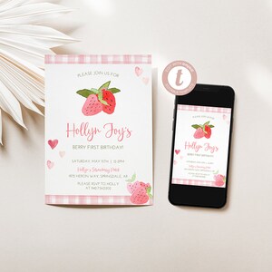 Berry First Birthday Party Invitation, First Birthday Party Invitation for Girl, Kids Birthday, Girl, Digital, Templett
