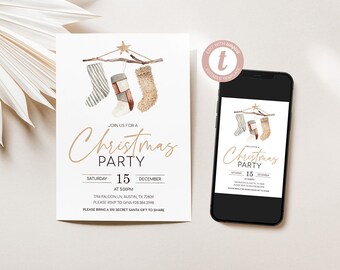 Christmas Stockings Holiday Party Invitation, Rustic Holiday Party Invitation, Christmas Party Invite, Edit Yourself, Templett