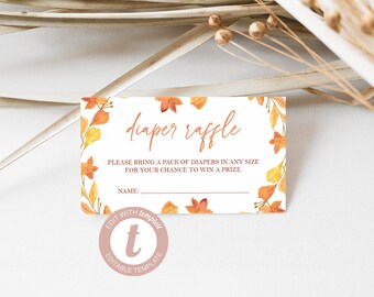 Fall in Love with Baby Shower Diaper Raffle Card, Fall Leaves and Pumpkin Shower Theme, Edit Yourself, Digital File, Templett