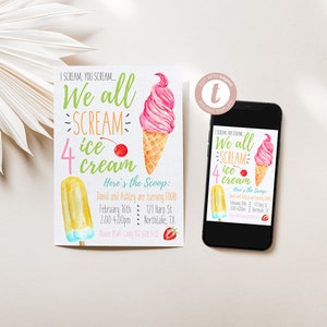 Ice Cream Birthday Invitations, We All Scream FOUR Ice Cream Invitation, Twin Birthday, Boy, Girl, Twin, Templett, Instant Download