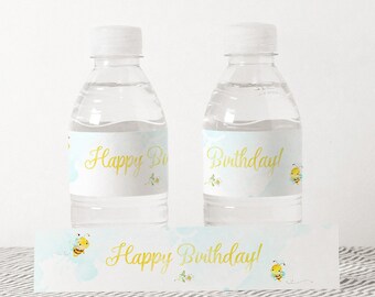 Bee-day Birthday Water Bottle Label, Honey Bee Birthday Party Printable, Girl, Kids Birthday, Digital, Templett