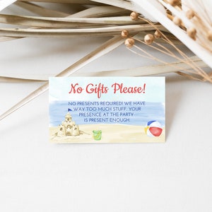 No Gifts Please Insert, Beach Party Birthday, Girl, Boy, No Gifts Invitation Insert, Kids Birthday, Printable, Digital