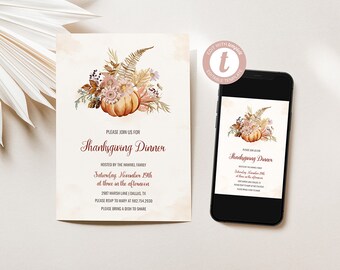 Thanksgiving Invitation, Pumpkin Vase, Fall Party, Seasonal Party Invitation, Instant Download, Templett