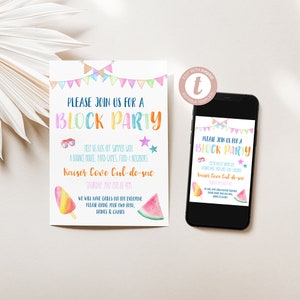 Summer Kick Off Block Party Invitation, Watercolor Style, Fun and Bright Block Party Invite, Printable, Digital Download