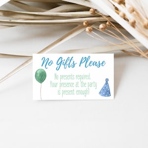 Geen cadeaus invoegen, verjaardag jongens, blauw, geen cadeaus Uitnodiging invoegen, kinderverjaardag, afdrukbaar