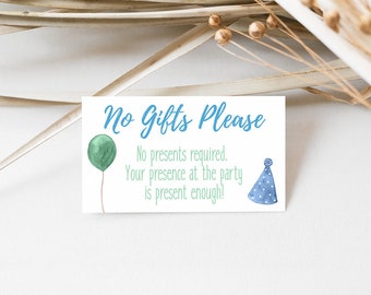 No Gifts Please Insert, Boys Birthday, Blue, No Gifts Invitation Insert, Kids Birthday, Printable