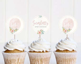 Floral Balloon Baby Shower Printable Cupcake Toppers, Girl Baby Shower, Editable Cupcake Toppers, DIY Party Printables
