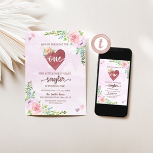 Editable Valentine Birthday Invitation, Valentine&#39;s Day Birthday Party, Floral Heart Birthday, First Birthday, Digital Download