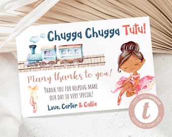 Choo Choos and Tutus Birthday Thank You Card with Dark Brunette Ballerina, Thank You Card, Siblings, Twin, Templett, Instant Download