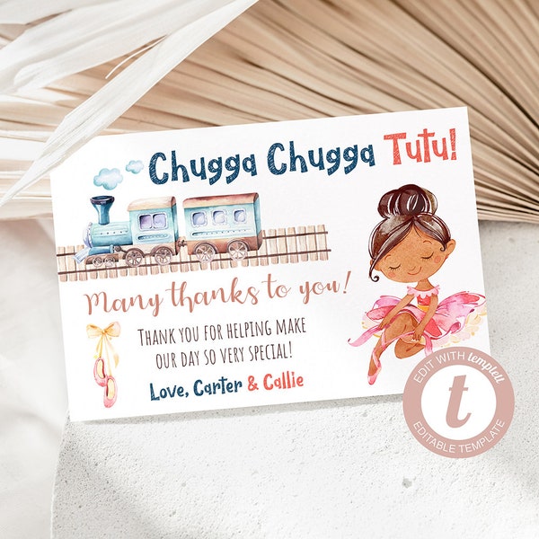 Choo Choos and Tutus Birthday Thank You Card with Dark Brunette Ballerina, Thank You Card, Siblings, Twin, Templett, Instant Download