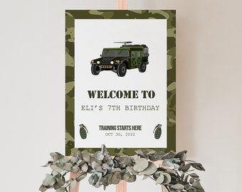 Editable Army Training Birthday Welcome Sign, Military Themed Birthday Party, Camo, Printable Welcome Sign, Templett, 18x24, 16x20