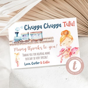 Choo Choos and Tutus Birthday Thank You Card with Blonde Ballerina, Thank You Card, Siblings, Twin, Templett, Instant Download, Digital