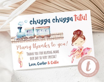 Choo Choos and Tutus Birthday Thank You Card, Brunette, Ballerina, Thank You Card, Siblings, Twin, Templett, Instant Download, Digital