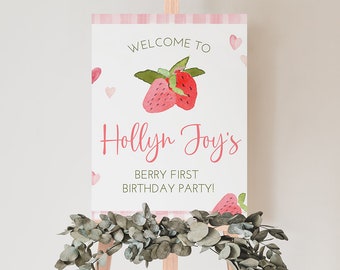 Berry First Birthday Welcome Sign, Strawberry Themed Girls Birthday Party, Editable, Templett, 18x24, 16x20, Printable, DIY, Templett