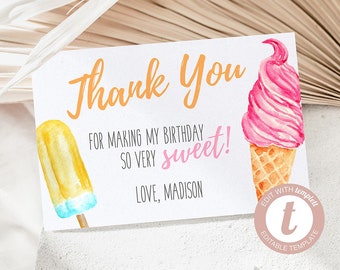 Ice Cream Birthday Thank You Card, Thank You Card, Ice Cream Social, Templett, Instant Download, Editable Digital File