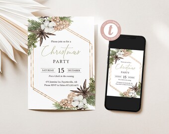 Rustic Wood Christmas Party Invitation, Holiday Party Invitation, Christmas Party Invite, Edit Yourself, Templett