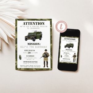 Army Training Birthday Party Invitation, Kids Birthday, Boy, Printable Invite, Digital invitation, Edit Yourself
