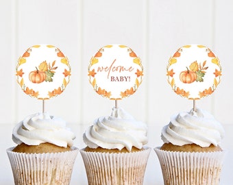 Fall in Love with Baby Shower Cupcake Toppers, Fall Leaves and Pumpkin Shower, Party Decorations, Edit Yourself, Digital File, Templett