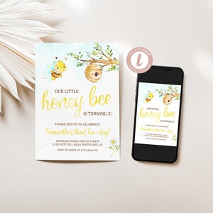 Faire-part d'anniversaire abeille, invitation à une fête des abeilles, anniversaire de filles, aquarelle, jaune, numérique, Templett, invitation modifiable