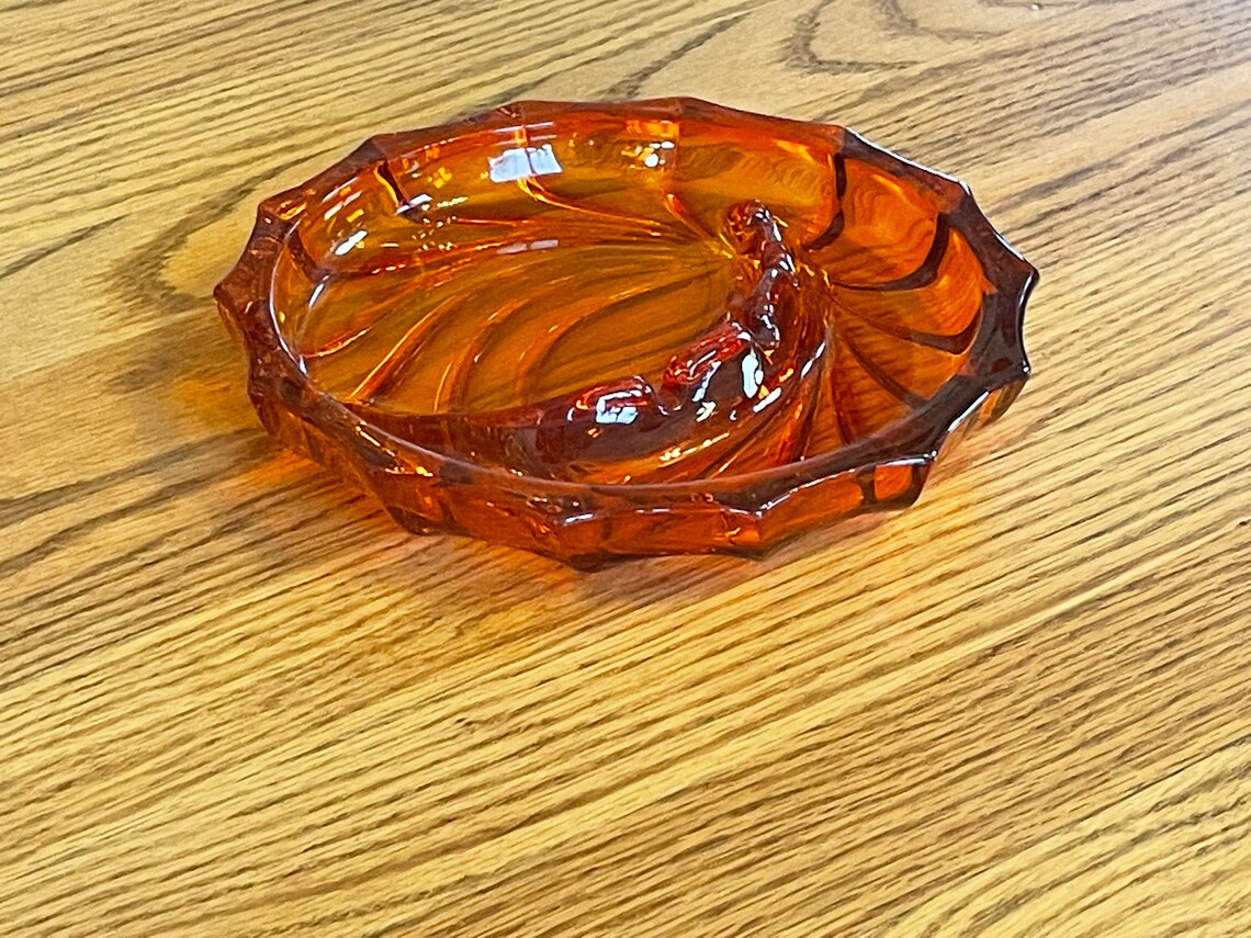 Vtg Orange Glass Ashtray Chunky Heavy Swirl Starburst Mid Etsy