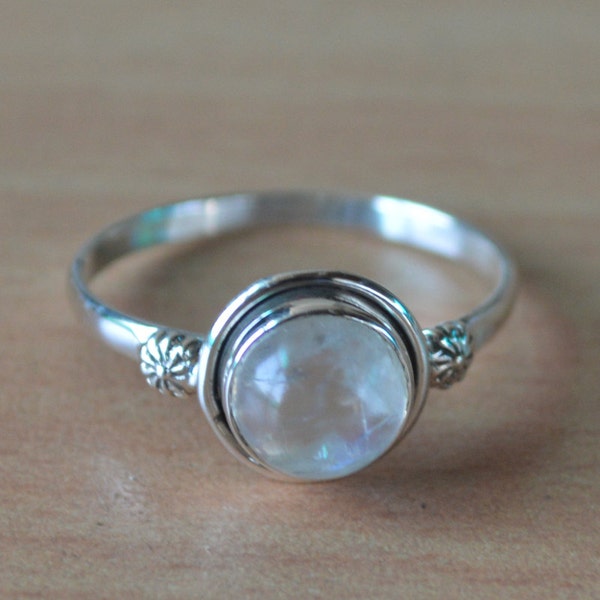 Moonstone Birthstone Ring in Sterling Silver Ring,Sterling Silver, Round Shaped Moonstone Solid Silver Rings Women Ring Size 5 6 7 8 9 10