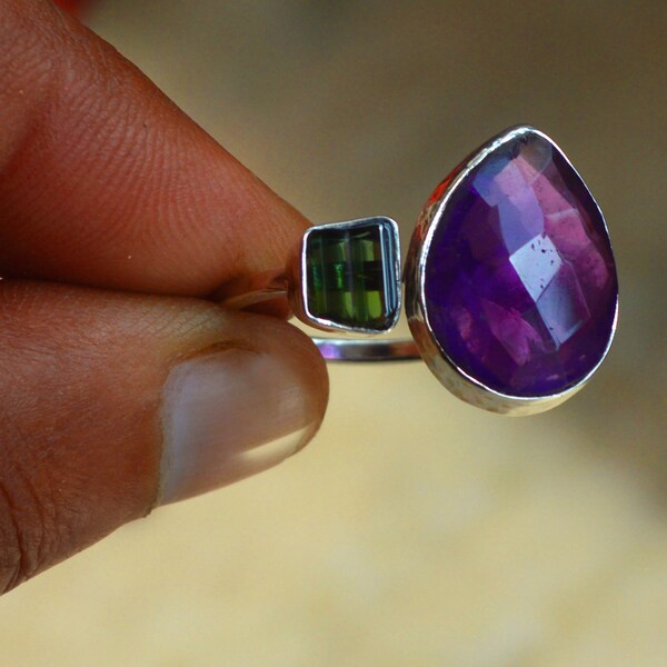 Amethyst Tourmaline Ring,Natural Gemstone Ring,Stone Ring,Faceted stone Ring,Gift birthstone Two Color Stone Tourmaline Rings Adjustable