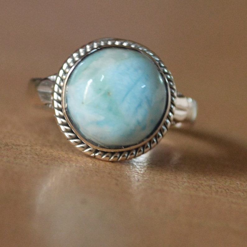 Natural Larimar Ring-Blue Larimar Stone Boho Ring-925 Sterling handmade Jewelry 10mm Round shape Gemstone ring US All Sizes Available