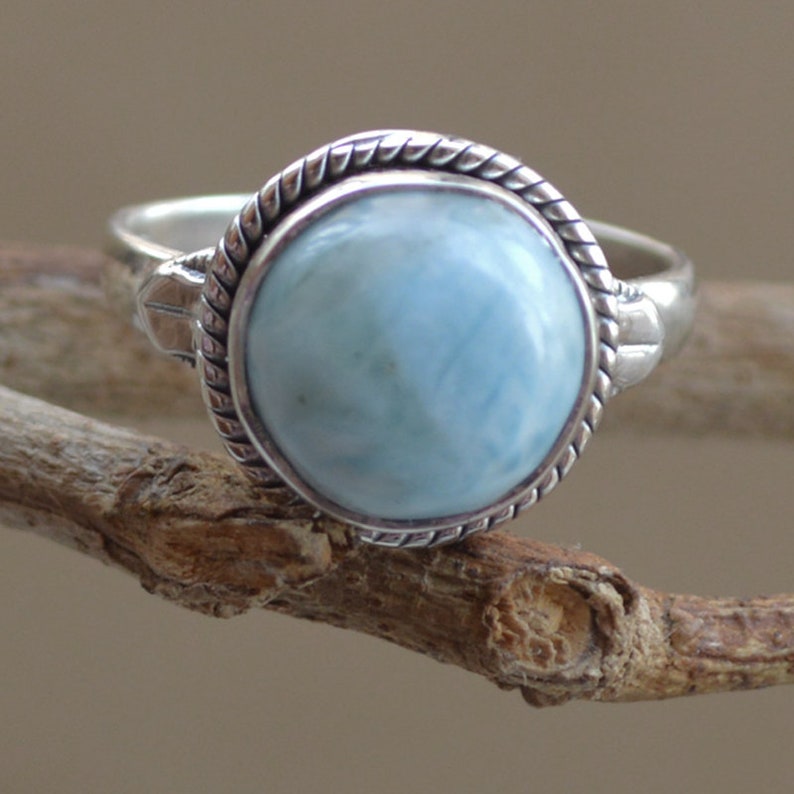 Natural Larimar Ring-Blue Larimar Stone Boho Ring-925 Sterling handmade Jewelry 10mm Round shape Gemstone ring US All Sizes Available