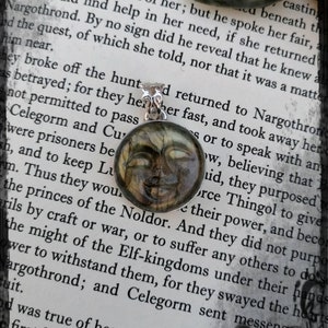 Sterling silver labradorite carved man in the moon face pendant