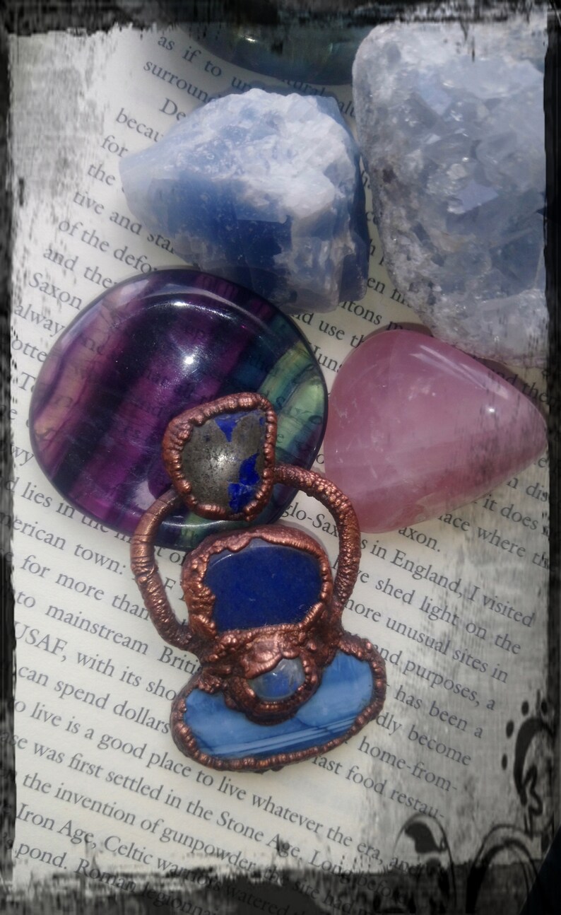 Gorgeous copper electroformed blue opal and blue aventurine pendant with lapis lazuli and moonstone accents