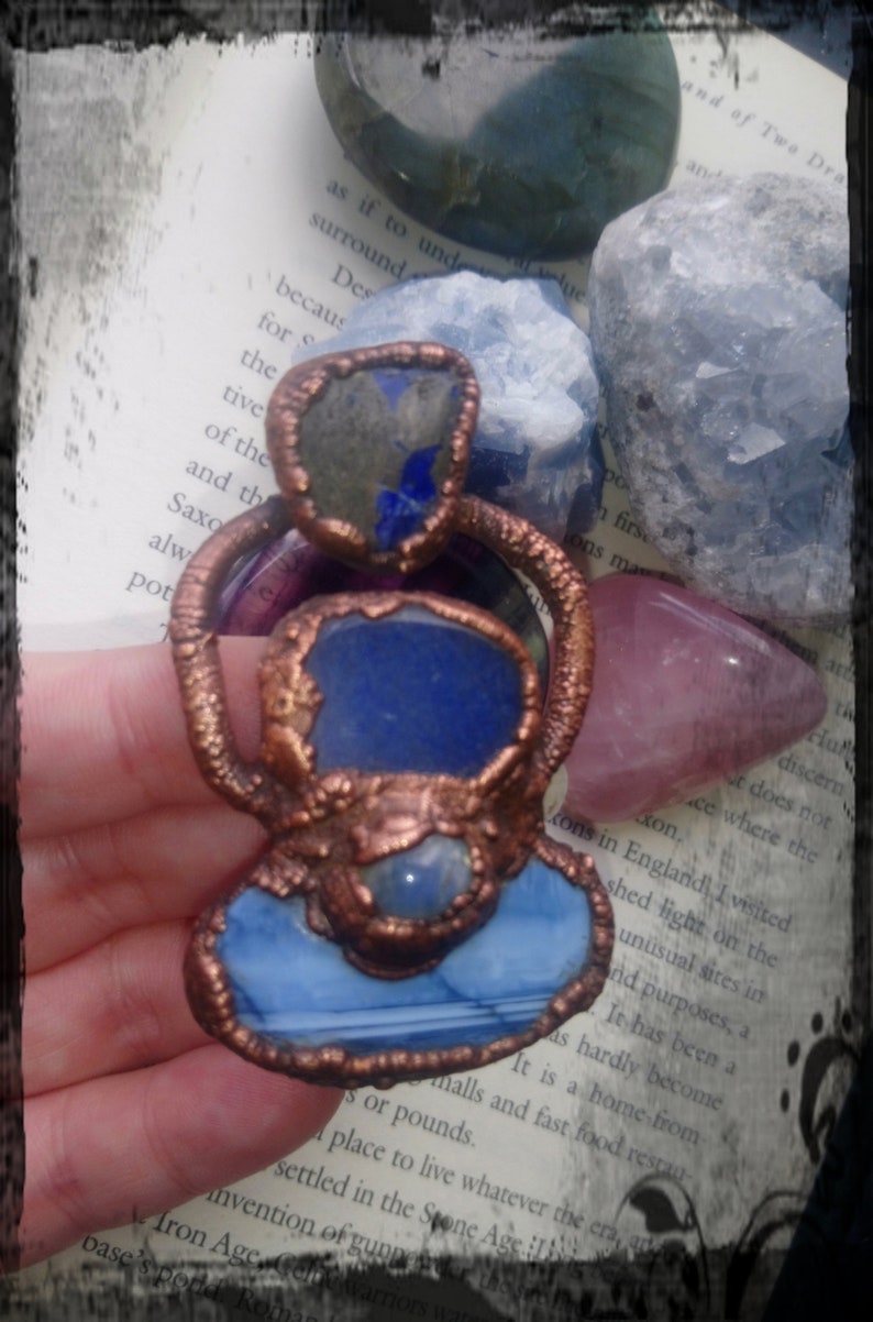 Gorgeous copper electroformed blue opal and blue aventurine pendant with lapis lazuli and moonstone accents
